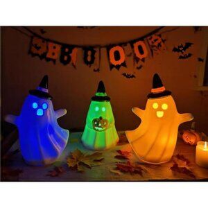 Halloween Decorations Indoor– 3pcs Ceramic Ghost Decor, Light-Up Halloween